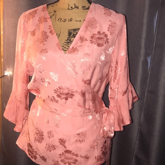 Express Jacquard Pink Wrap Around Top Tie Waist - Picture 3 of 6